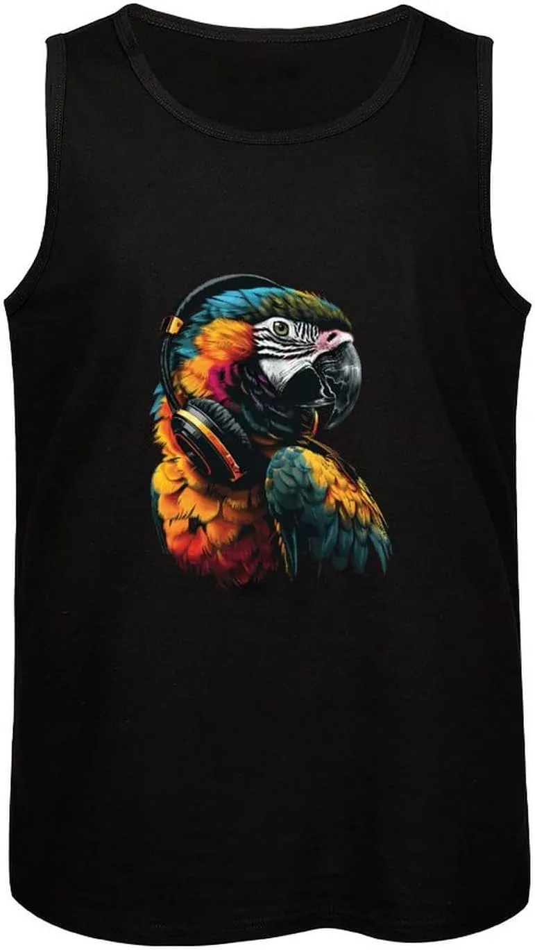 Parrot Music Art Headphones Mens Tank Top Cotton Undershirt Crewneck Sleeveless Shirt for Summer