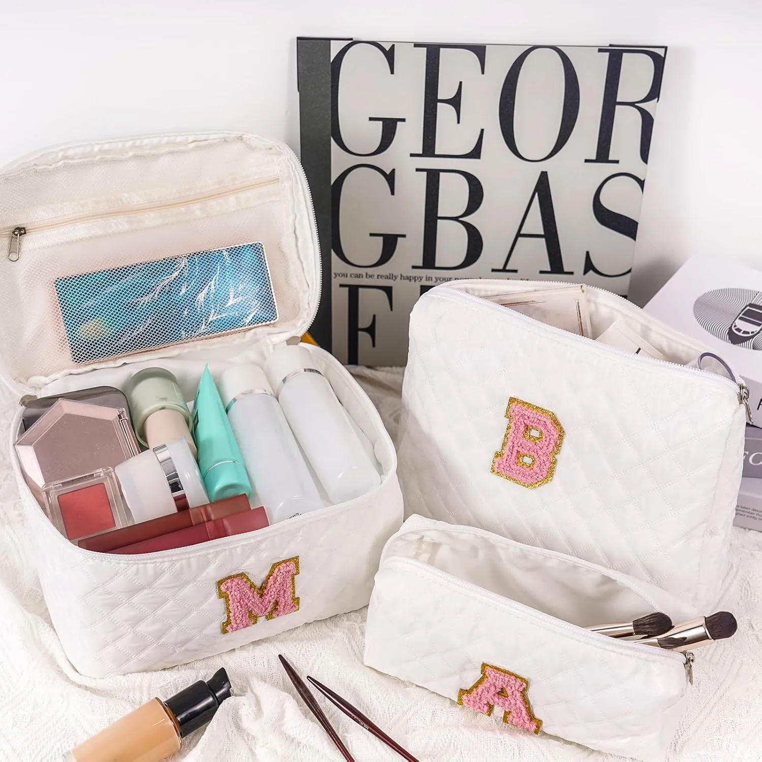 Personalized Makeup Bag Set,Initial Cosmetic Bag for Women,Cute Make Up Bags,Toiletry Organizer Travel Accessories-S