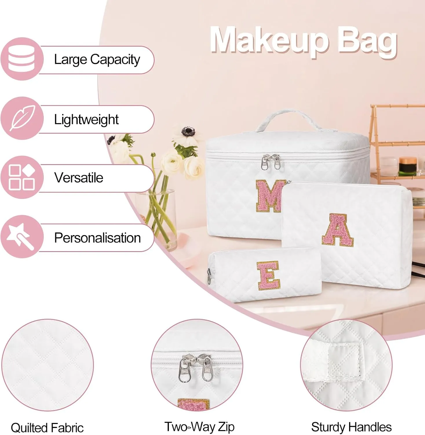 Personalized Makeup Bag Set,Initial Cosmetic Bag for Women,Cute Make Up Bags,Toiletry Organizer Travel Accessories-S