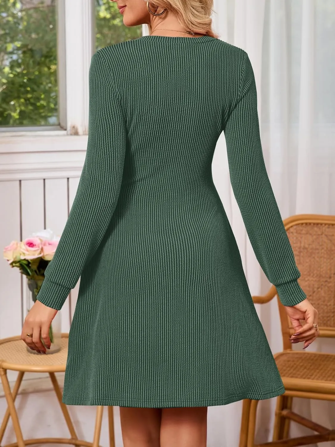 PerZeal Women's 2025 Casual Long Sleeve Dress Ribbed Knit Short Dress Sexy V Neck Mini Dresses