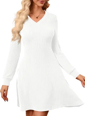 PerZeal Women's 2025 Casual Long Sleeve Dress Ribbed Knit Short Dress Sexy V Neck Mini Dresses