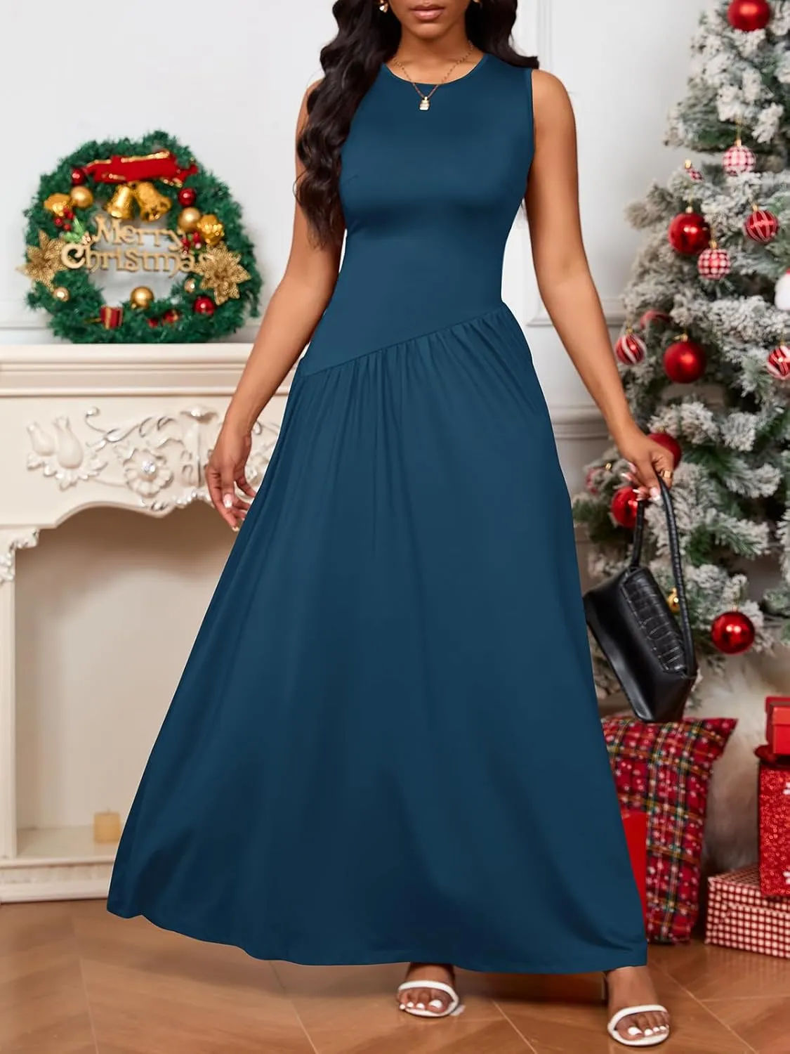 PerZeal Women's Summer Maxi Dress Crewneck Sleeveless Patchwork Knit High Waisted Ruched Tank Flowy Long Formal Dresses