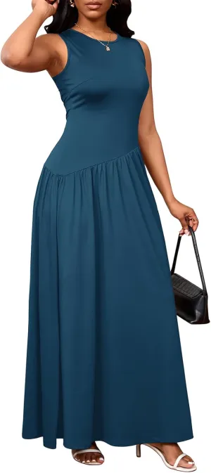 PerZeal Women's Summer Maxi Dress Crewneck Sleeveless Patchwork Knit High Waisted Ruched Tank Flowy Long Formal Dresses