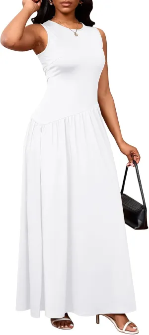 PerZeal Women's Summer Maxi Dress Crewneck Sleeveless Patchwork Knit High Waisted Ruched Tank Flowy Long Formal Dresses