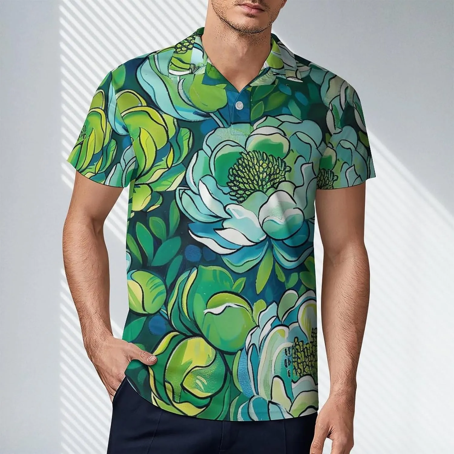 Pink-Art Pattern Men's Polo Shirts Short Sleeve Blend Performance Fashion Business Casual Collared Shirts