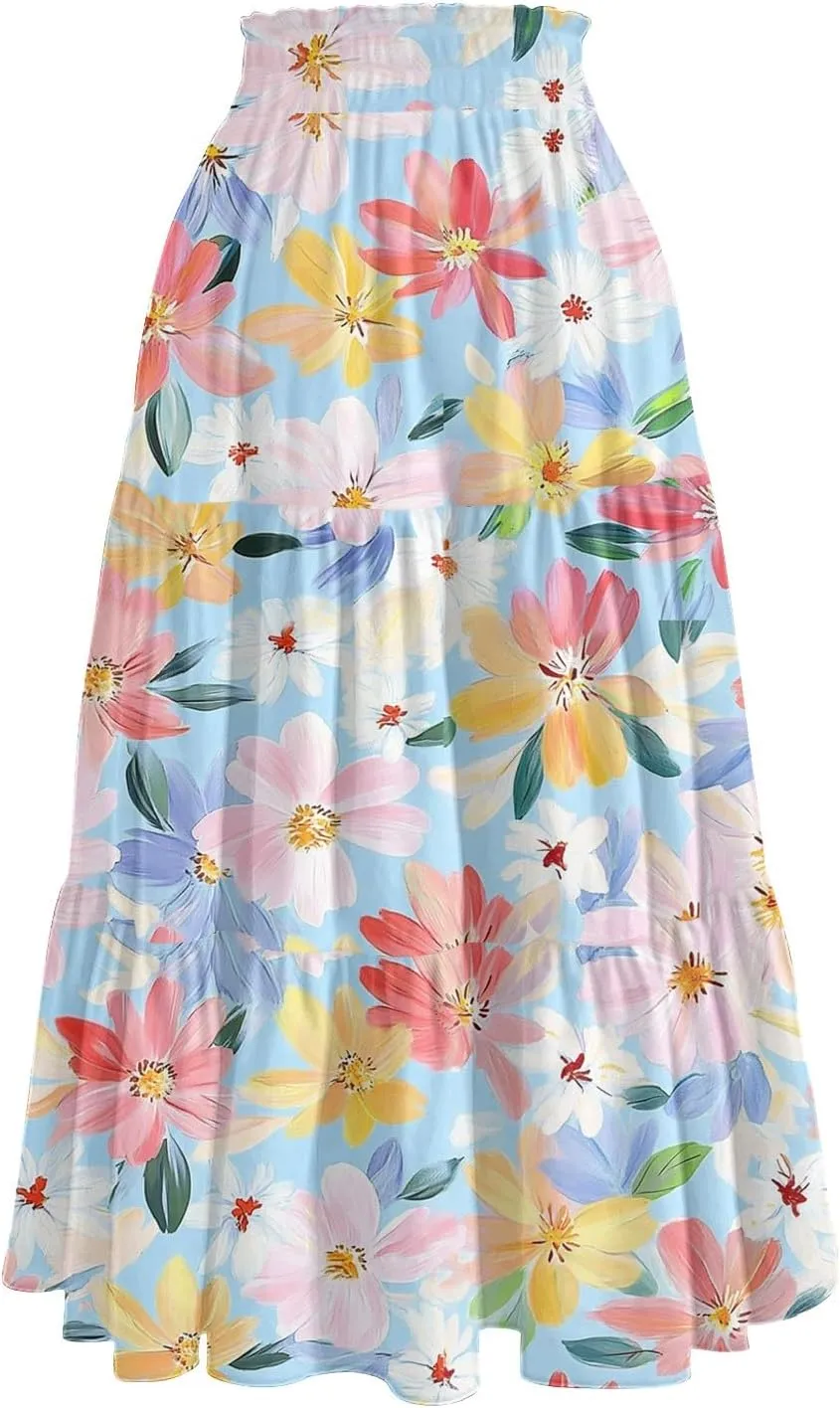 Pleated Casual A Line Midi Skirt Boho Floral Printed Length Skirts for Women Trendy Summer Elastic Waist Skirt