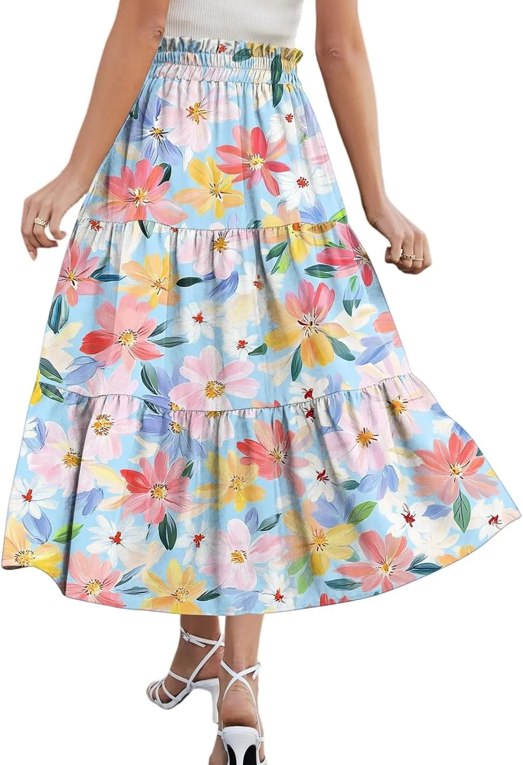 Pleated Casual A Line Midi Skirt Boho Floral Printed Length Skirts for Women Trendy Summer Elastic Waist Skirt