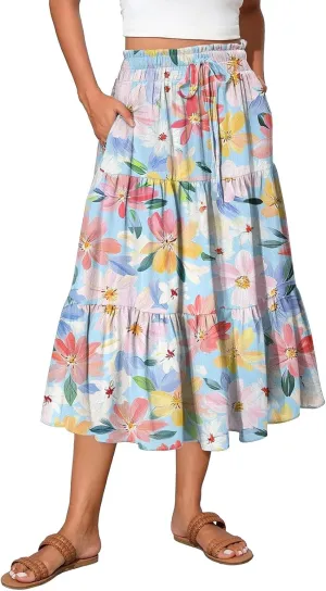 Pleated Casual A Line Midi Skirt Boho Floral Printed Length Skirts for Women Trendy Summer Elastic Waist Skirt