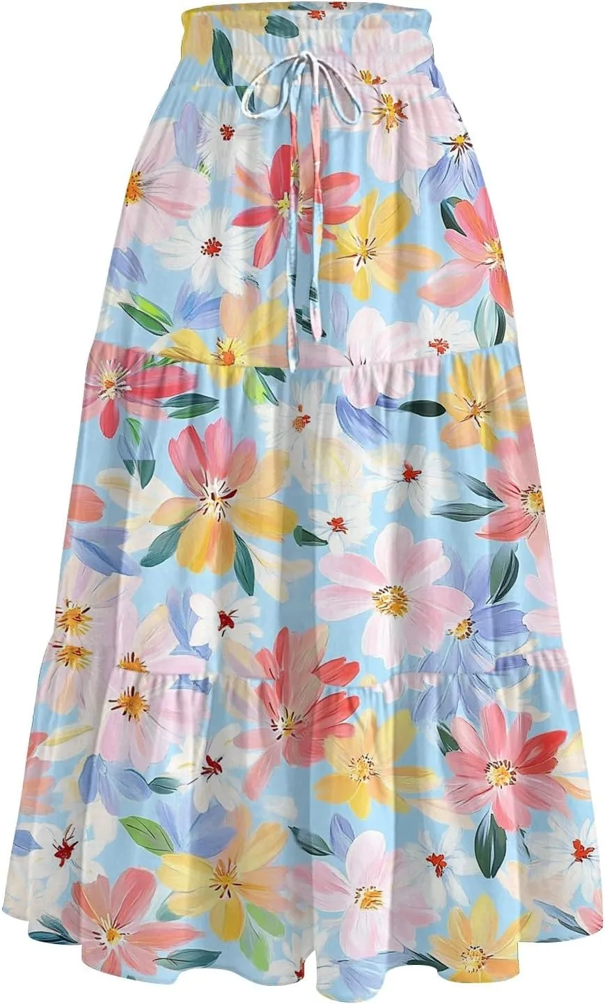 Pleated Casual A Line Midi Skirt Boho Floral Printed Length Skirts for Women Trendy Summer Elastic Waist Skirt