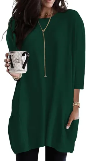 Poetsky Womens 3/4 Sleeve Tunics or Tops to Wear with Leggings Long Shirts Tops with Pockets