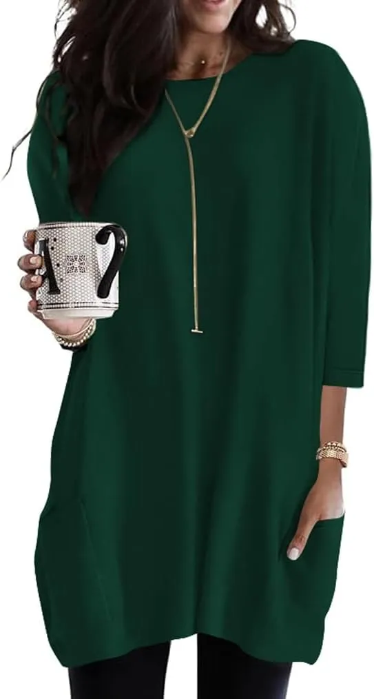 Poetsky Womens 3/4 Sleeve Tunics or Tops to Wear with Leggings Long Shirts Tops with Pockets