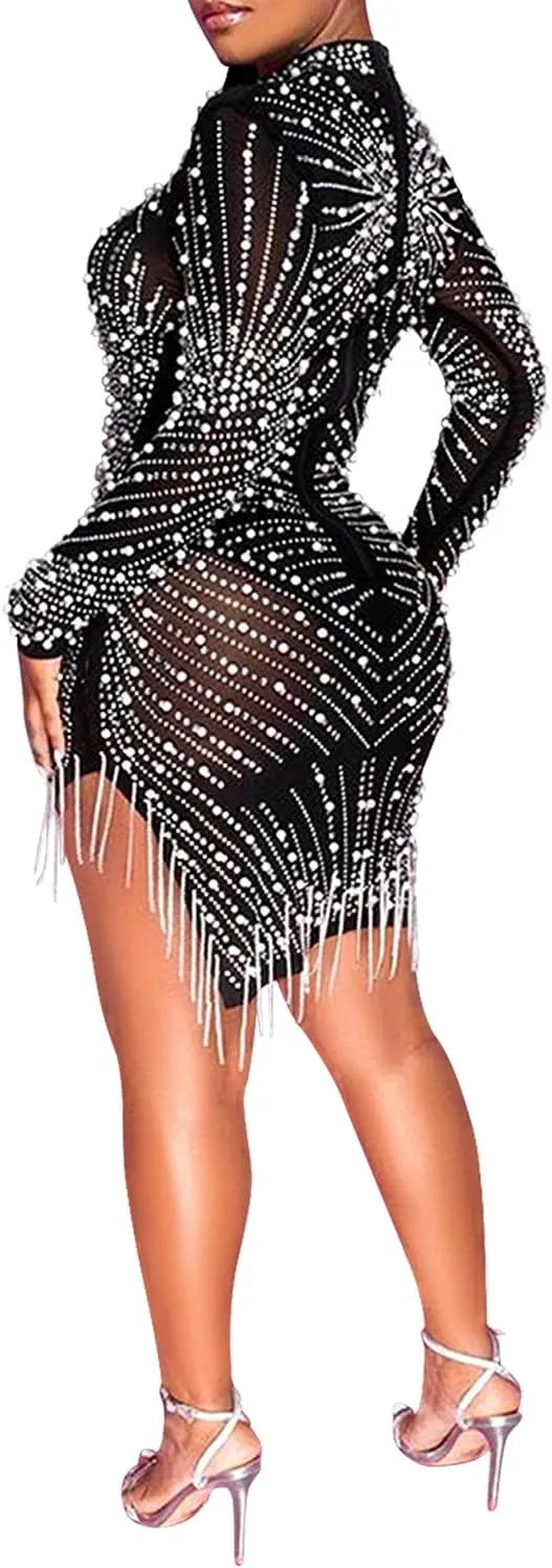 PORRCEY Sexy Elegant Rhinestone for Women Mesh See Through Bodycon Party Club Night Mini Dress