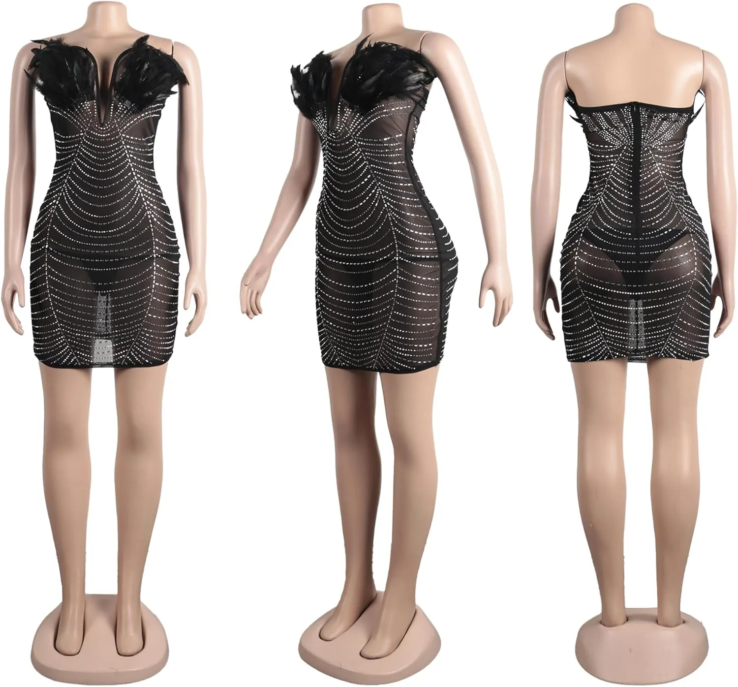 PORRCEY Sexy Elegant Rhinestone for Women Mesh See Through Bodycon Party Club Night Mini Dress