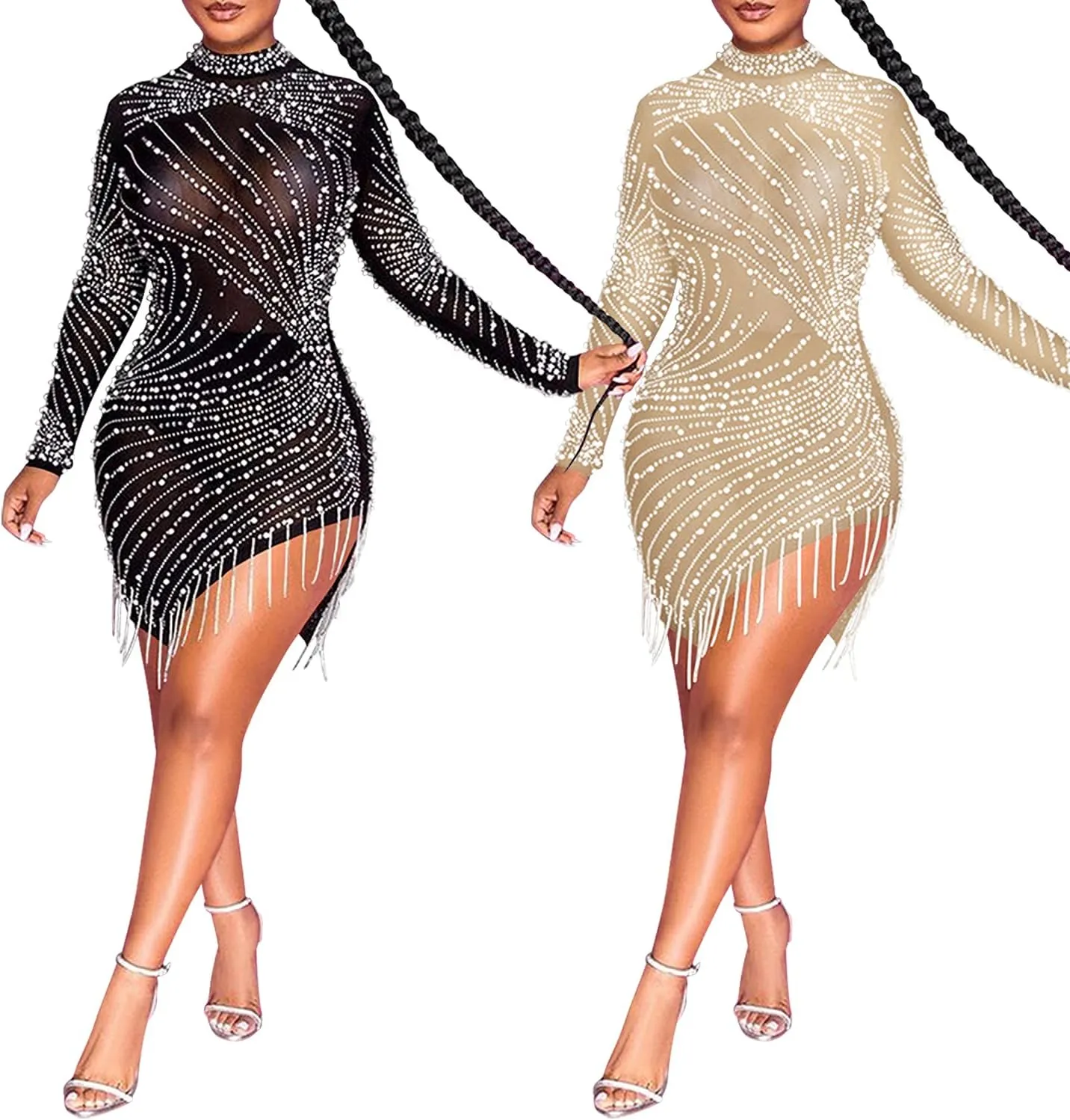 PORRCEY Sexy Elegant Rhinestone for Women Mesh See Through Bodycon Party Club Night Mini Dress
