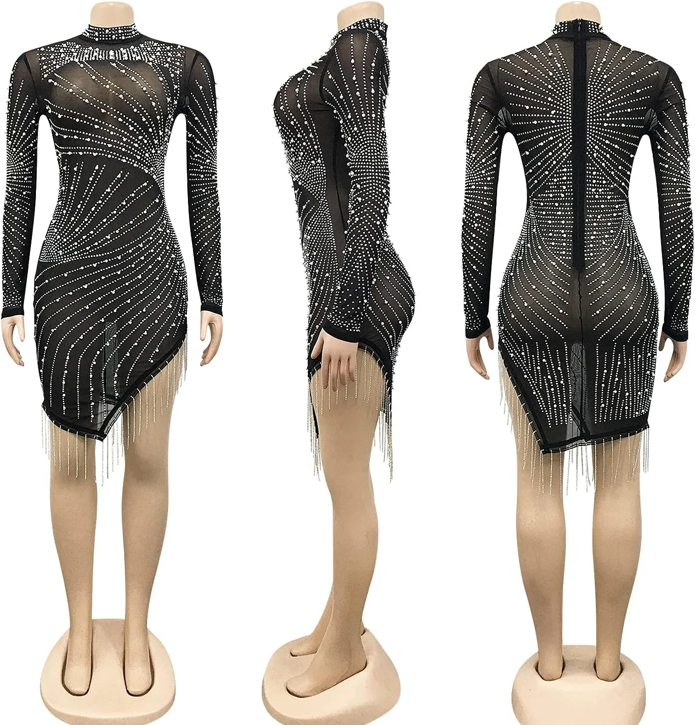 PORRCEY Sexy Elegant Rhinestone for Women Mesh See Through Bodycon Party Club Night Mini Dress