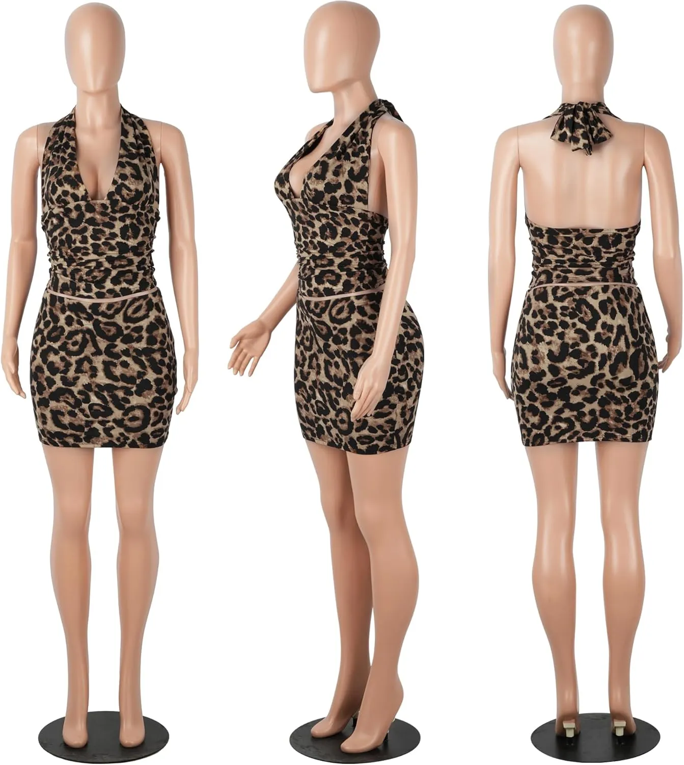 PORRCEY Women Sexy Casual 2 Piece Leopard Cheetah Print Party Club Bodycon Mini Dress