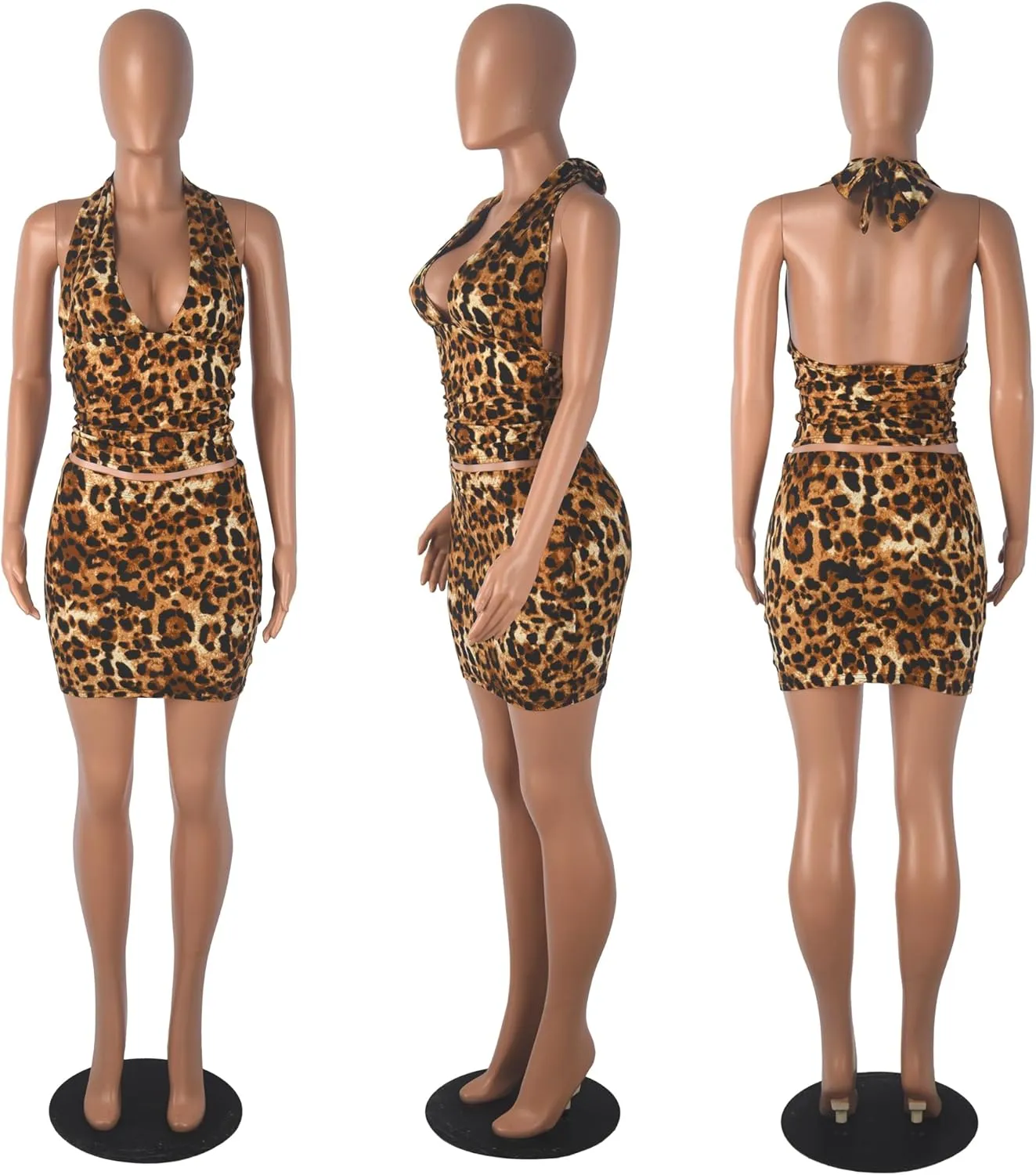 PORRCEY Women Sexy Casual 2 Piece Leopard Cheetah Print Party Club Bodycon Mini Dress