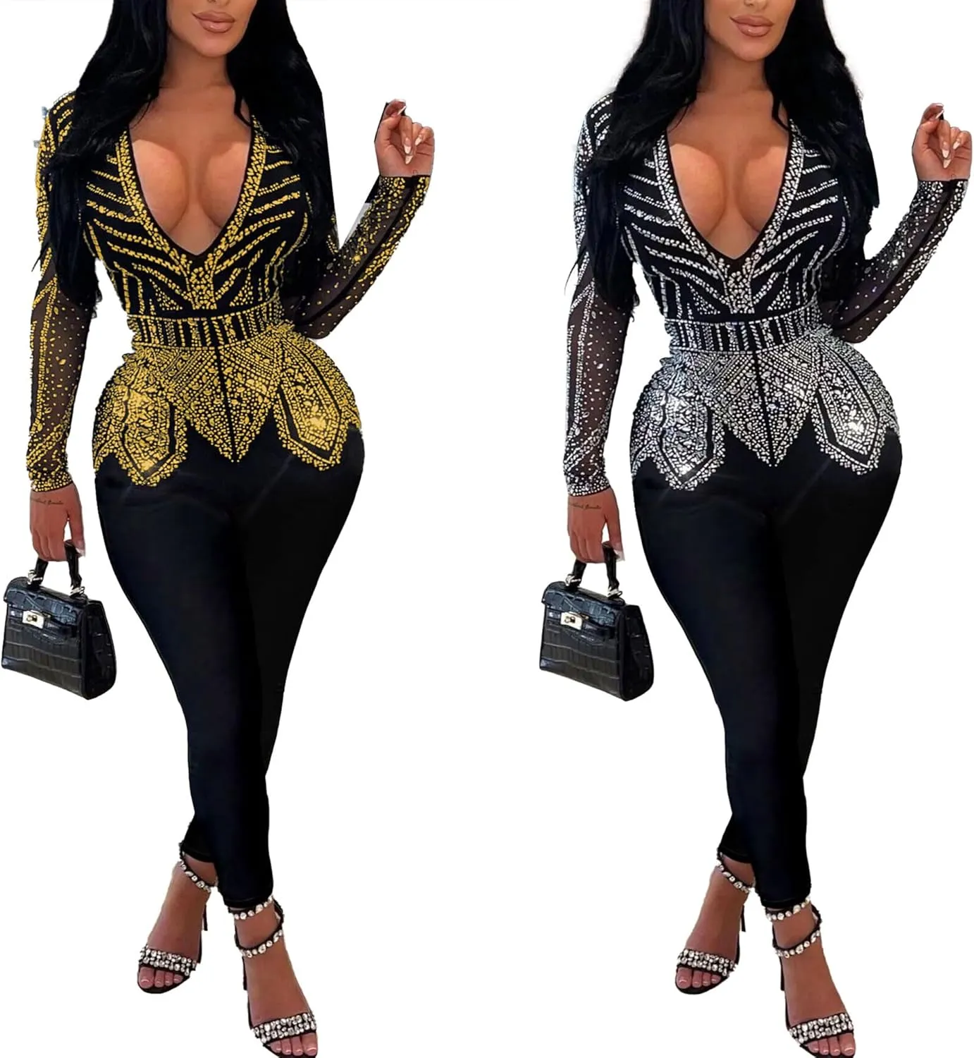 PORRCEY Women Sexy Elegant Rhinestone Mesh See Through Bodycon Jumpsuit Party Club Night Outfits Playsuits