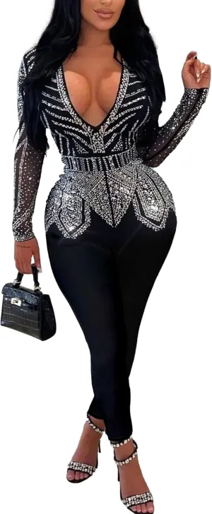 PORRCEY Women Sexy Elegant Rhinestone Mesh See Through Bodycon Jumpsuit Party Club Night Outfits Playsuits