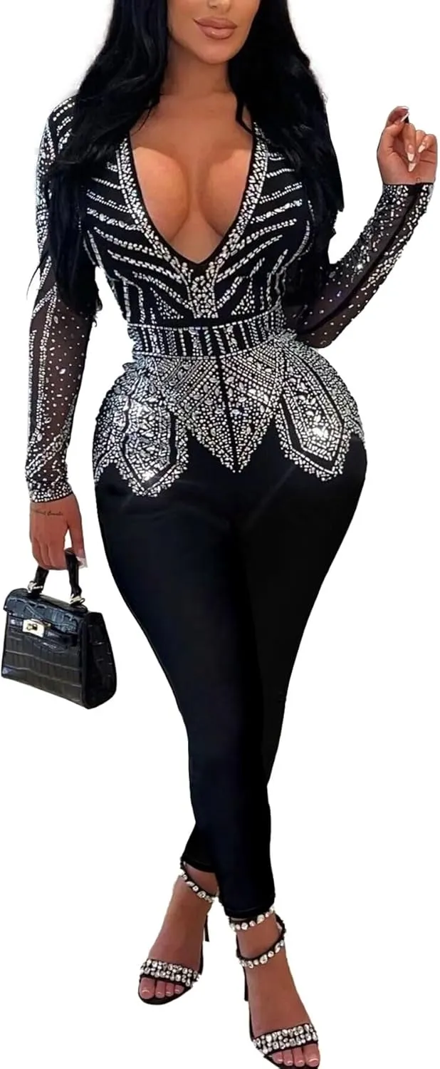 PORRCEY Women Sexy Elegant Rhinestone Mesh See Through Bodycon Jumpsuit Party Club Night Outfits Playsuits
