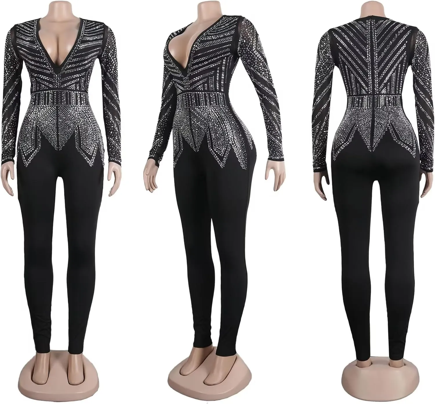 PORRCEY Women Sexy Elegant Rhinestone Mesh See Through Bodycon Jumpsuit Party Club Night Outfits Playsuits