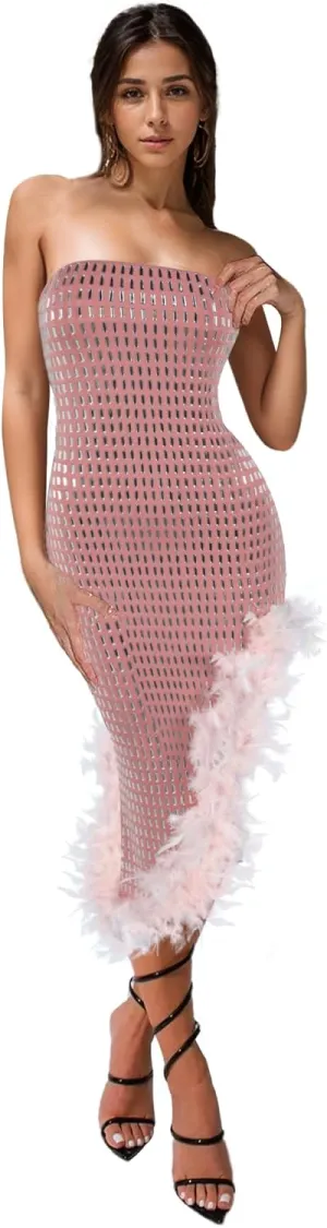 PORRCEY Women's Hot Drilling Craft Sexy Long Sleeve Mesh See Through Party Club Night Rhinestone Dress