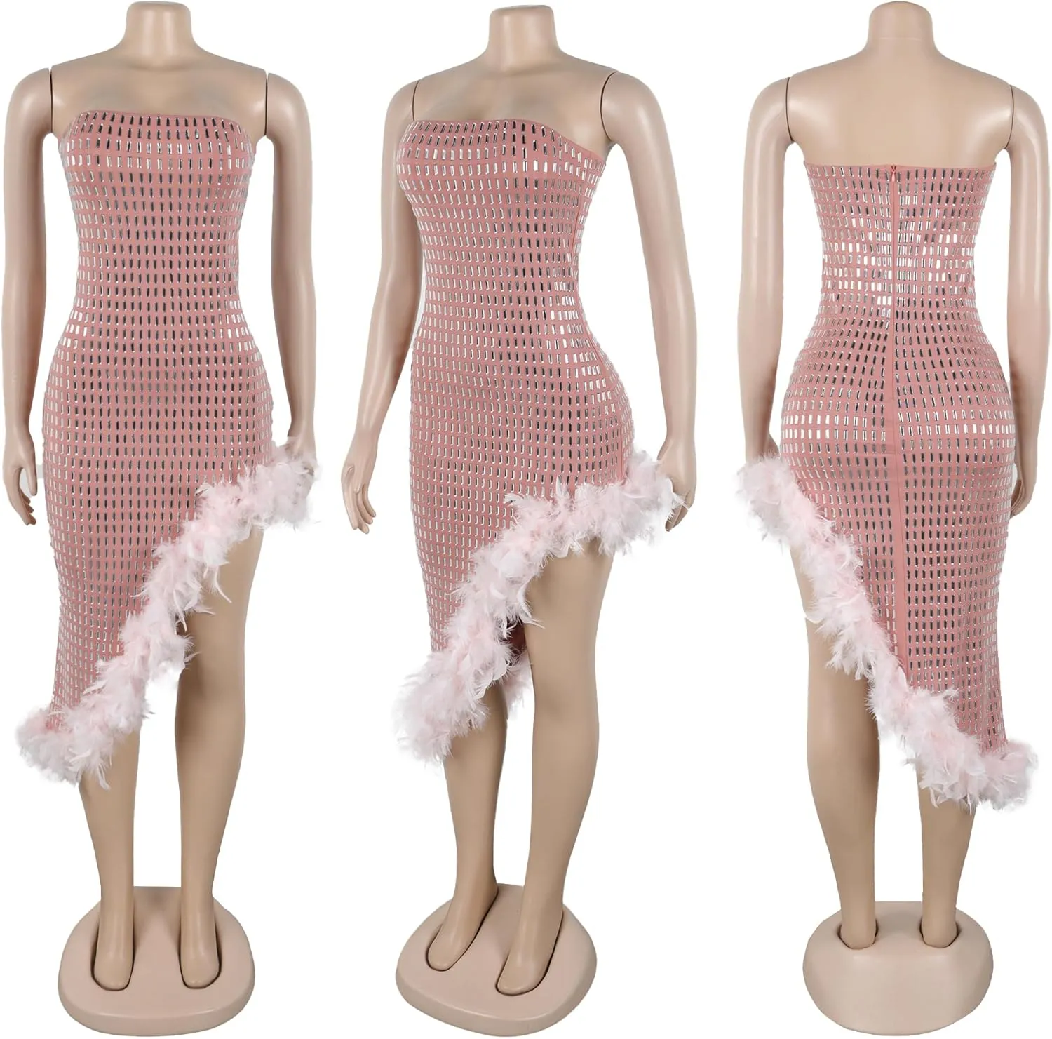 PORRCEY Women's Hot Drilling Craft Sexy Long Sleeve Mesh See Through Party Club Night Rhinestone Dress