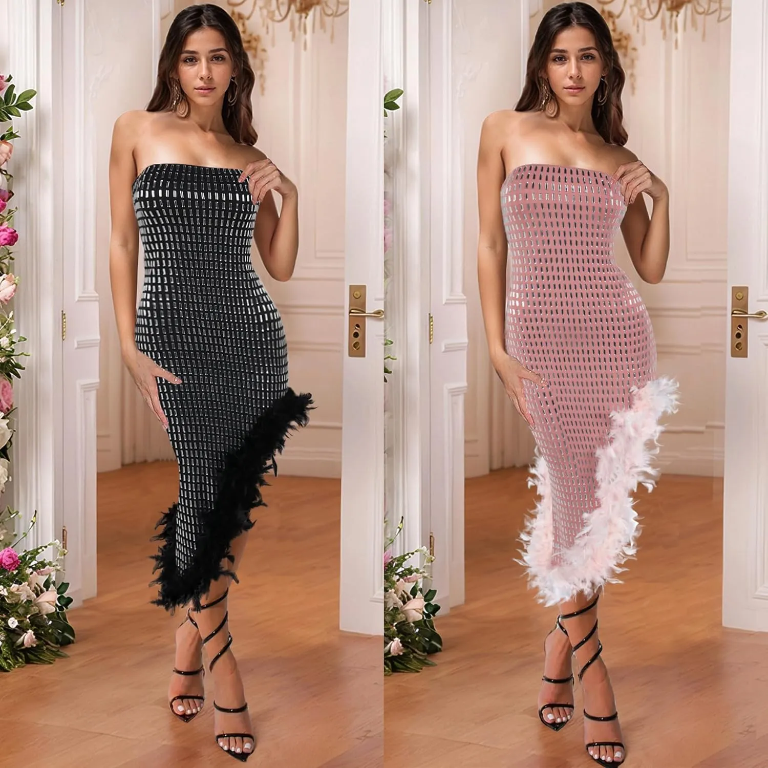 PORRCEY Women's Hot Drilling Craft Sexy Long Sleeve Mesh See Through Party Club Night Rhinestone Dress