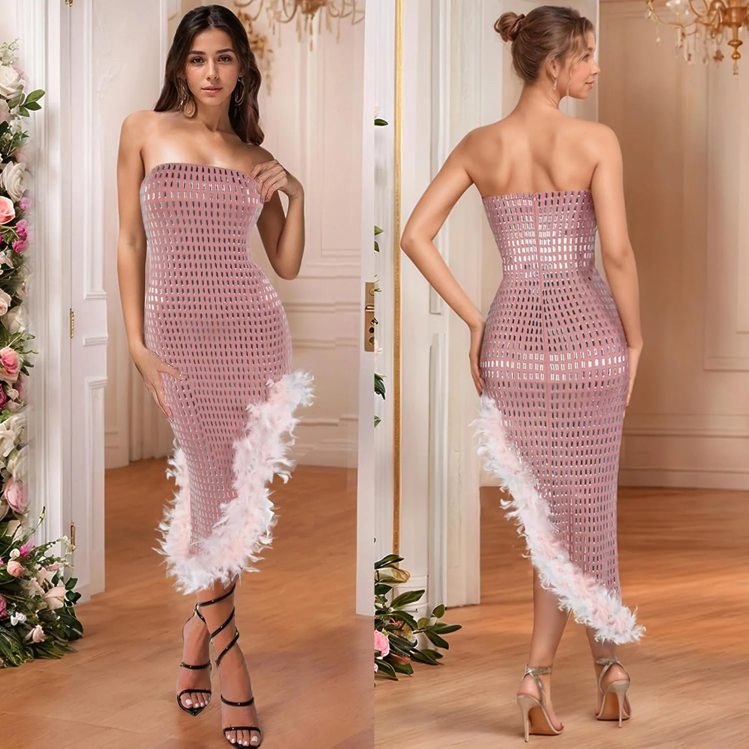 PORRCEY Women's Hot Drilling Craft Sexy Long Sleeve Mesh See Through Party Club Night Rhinestone Dress