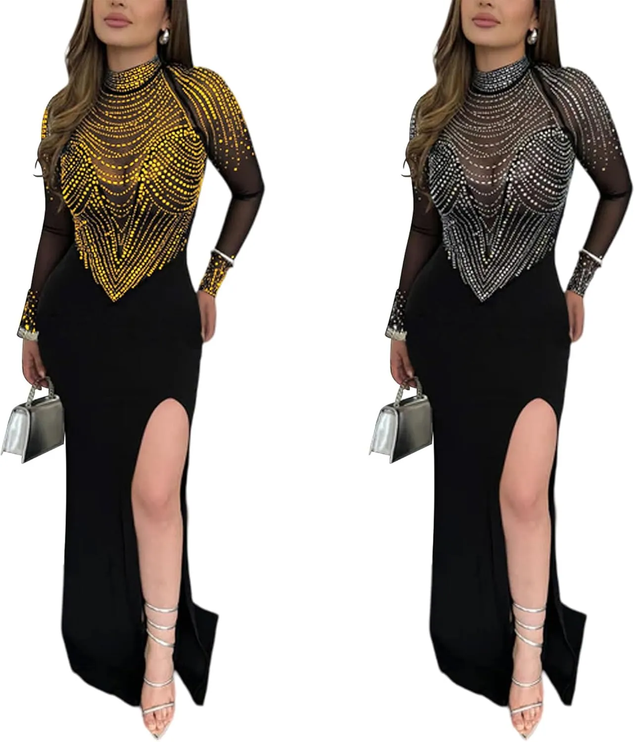 PORRCEY Women's Sexy Elegant Rhinestone Long Sleeve Night Club Dress Party Clubwear Sparkly Evening Dress
