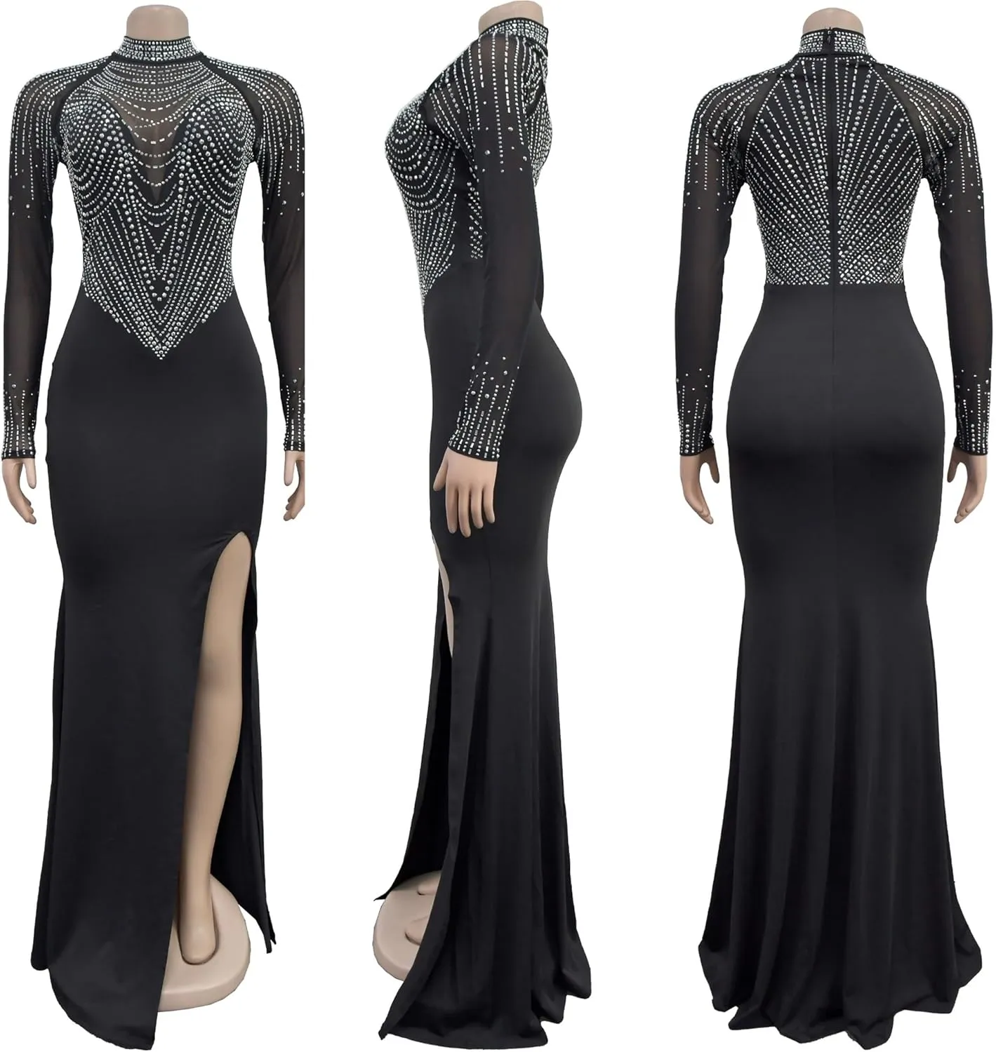 PORRCEY Women's Sexy Elegant Rhinestone Long Sleeve Night Club Dress Party Clubwear Sparkly Evening Dress