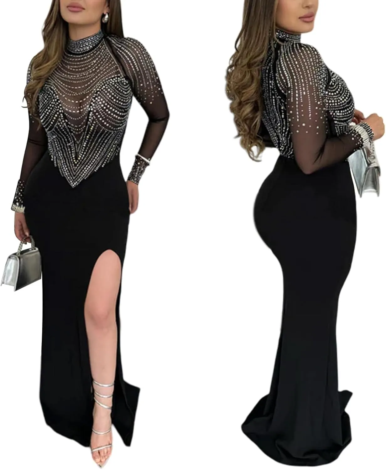 PORRCEY Women's Sexy Elegant Rhinestone Long Sleeve Night Club Dress Party Clubwear Sparkly Evening Dress