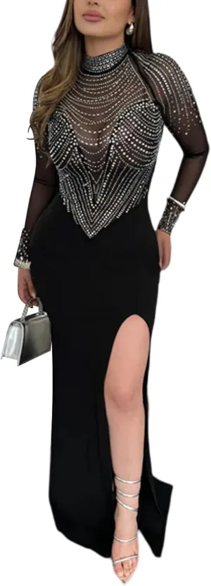 PORRCEY Women's Sexy Elegant Rhinestone Long Sleeve Night Club Dress Party Clubwear Sparkly Evening Dress