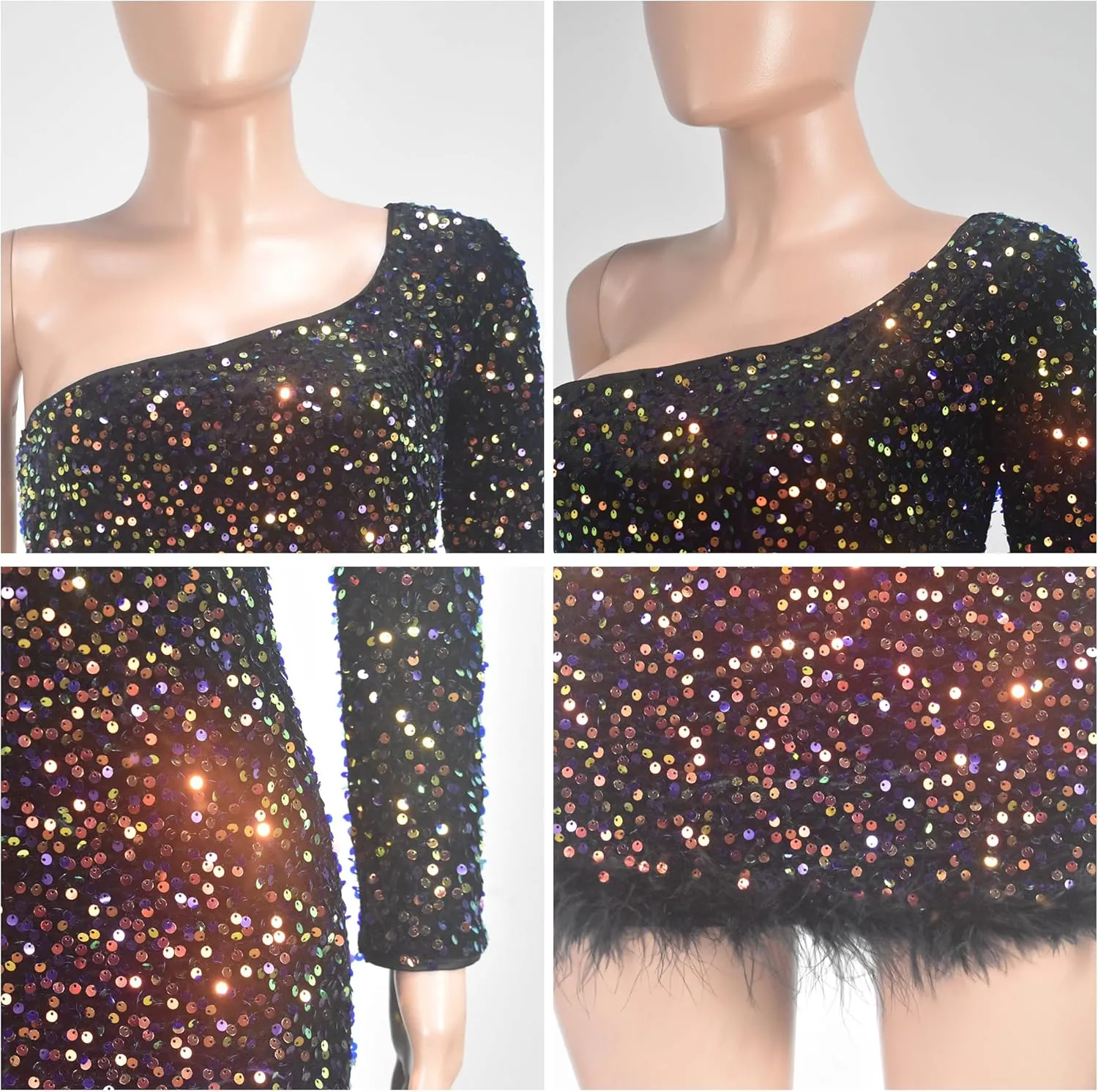 PORRCEY Women's Sexy Elegant Sequins Mesh See Through Bodycon Birthday Party Club Night Mini Dress