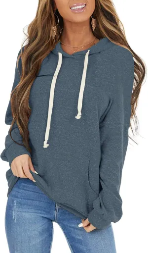 PRETTODAY Women's Casual Lightweight Hoodies Long Sleeve White Drawstring Sweatshirts Loose Pullovers with Pocket