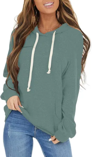 PRETTODAY Women's Casual Lightweight Hoodies Long Sleeve White Drawstring Sweatshirts Loose Pullovers with Pocket