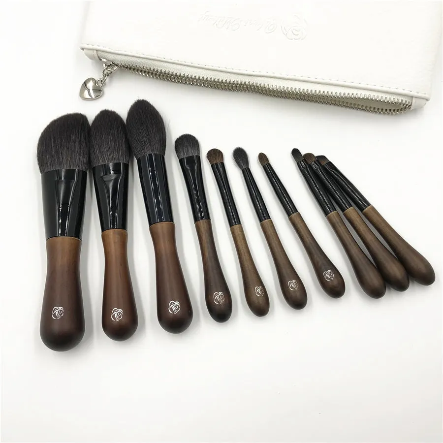 Professional Goat Hair 10-Piece Makeup Brush Set with Wooden Handles and Leather Bag