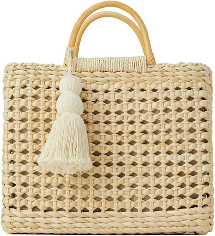 QZUnique Straw Bucket Bags for Women Top Handle Drawstring Woven Handbag Shoulder Bag Summer Beach Purses with Bamboo Handle