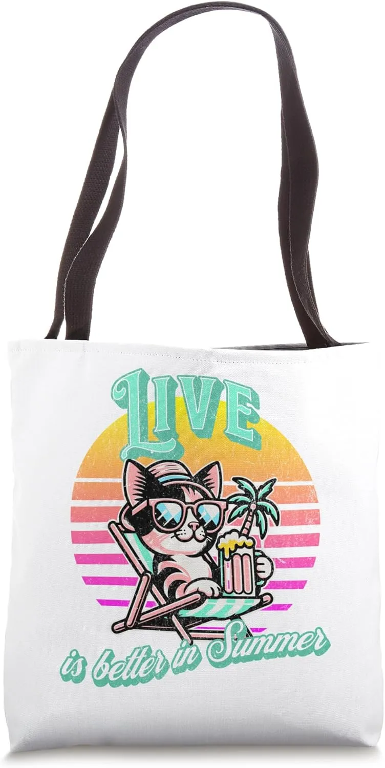 Retro Summer Cat apparel  Live Is Better in Summer Tote Bag