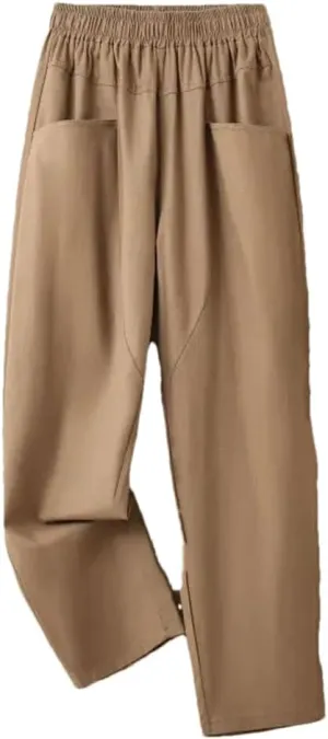 Rfmfkkg Women's Cotton Linen Solid Casual Pants Elastic High Waist Pockets Ankle-Length Harem Pants