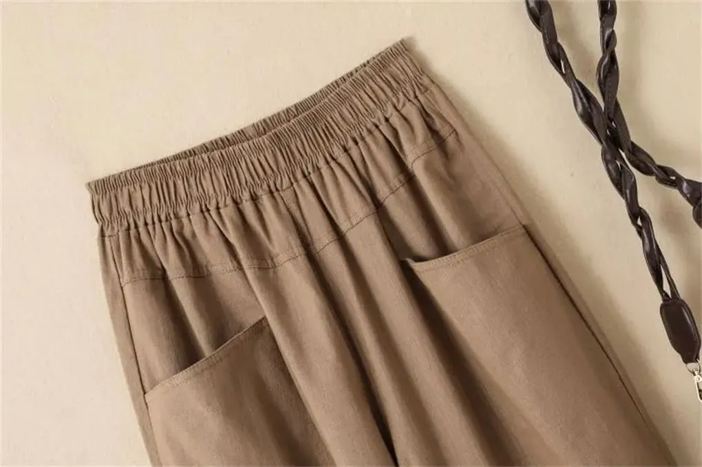 Rfmfkkg Women's Cotton Linen Solid Casual Pants Elastic High Waist Pockets Ankle-Length Harem Pants