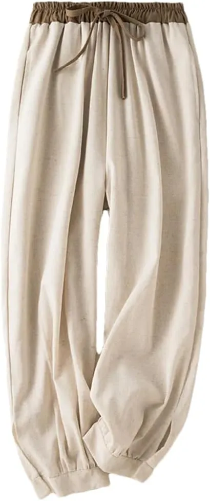 Rfmfkkg Women's Cotton Linen Solid Casual Pants Elastic High Waist Spliced Lace Up Harem Pants