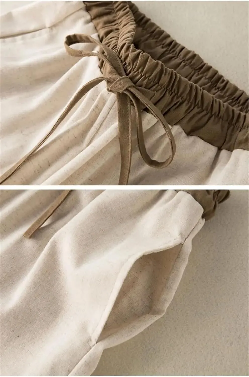 Rfmfkkg Women's Cotton Linen Solid Casual Pants Elastic High Waist Spliced Lace Up Harem Pants