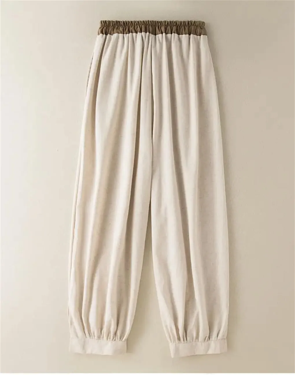Rfmfkkg Women's Cotton Linen Solid Casual Pants Elastic High Waist Spliced Lace Up Harem Pants