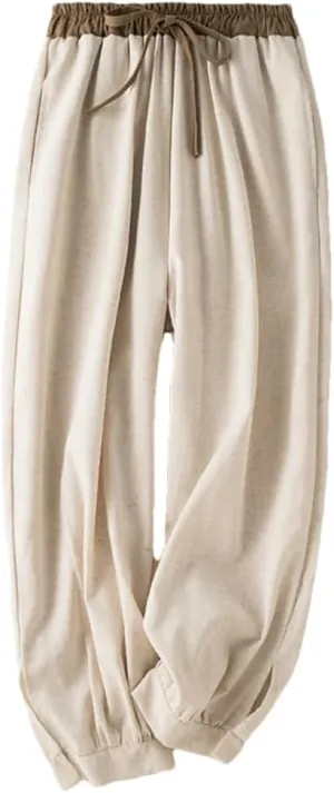 Rfmfkkg Women's Cotton Linen Solid Casual Pants Elastic High Waist Spliced Lace Up Harem Pants