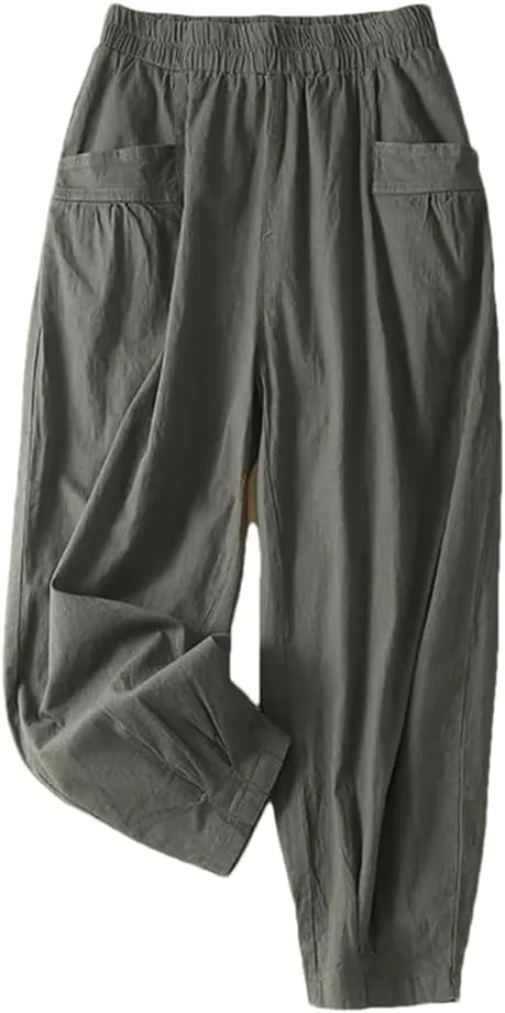 Rfmfkkg Women's Front Pockets Cotton Linen Solid Casual Pants Elastic High Waist Ankle-Length Harem Pants