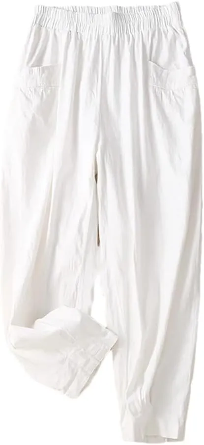 Rfmfkkg Women's Front Pockets Cotton Linen Solid Casual Pants Elastic High Waist Ankle-Length Harem Pants