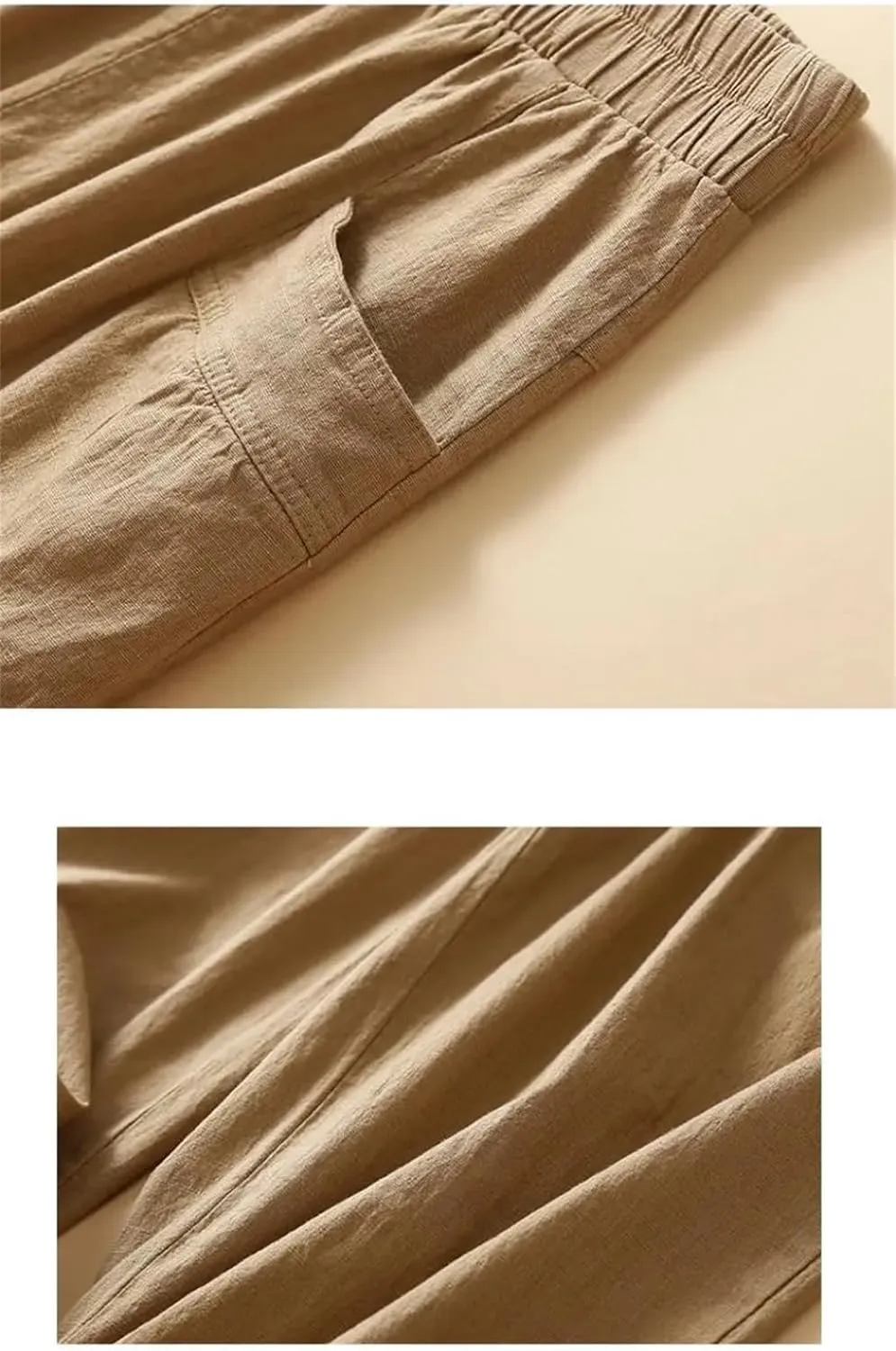 Rfmfkkg Women's Front Pockets Cotton Linen Solid Casual Pants Elastic High Waist Ankle-Length Harem Pants