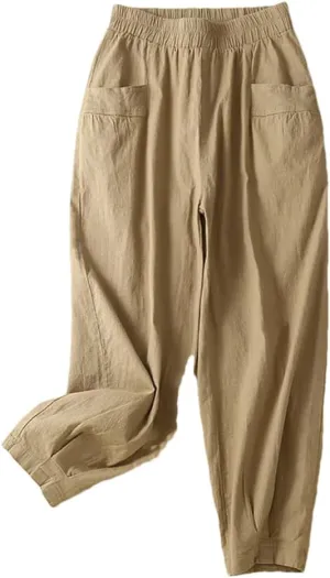 Rfmfkkg Women's Front Pockets Cotton Linen Solid Casual Pants Elastic High Waist Ankle-Length Harem Pants