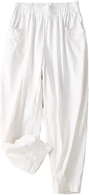 Rfmfkkg Women's Front Pockets Cotton Linen Solid Casual Pants Elastic High Waist Ankle-Length Harem Pants